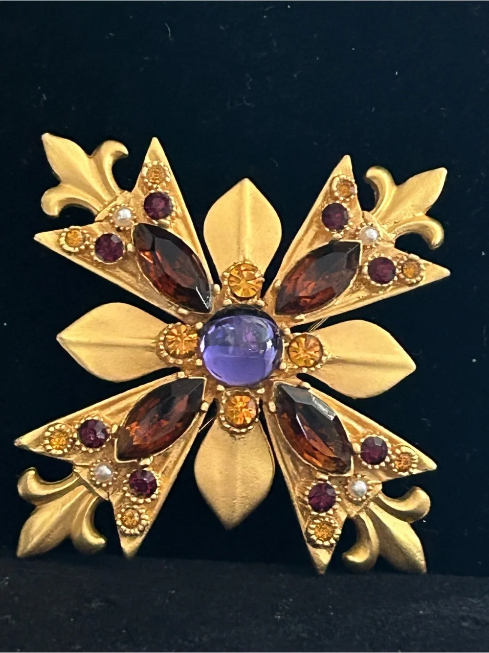 Maltese Cross with Fleur de Lis Brooch Rhinestone Purple Brown Gold Signed